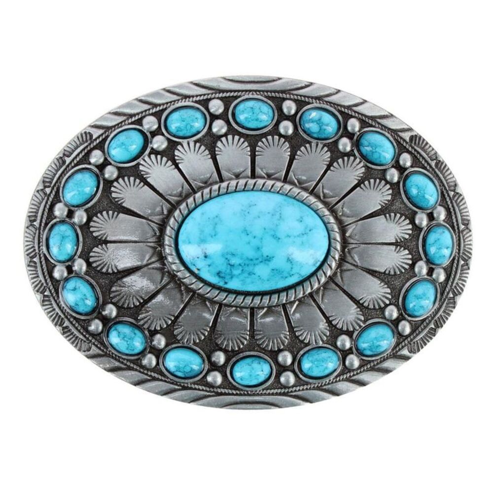 CTM Women's Oval Silver Belt Buckle with Turquoise Detail